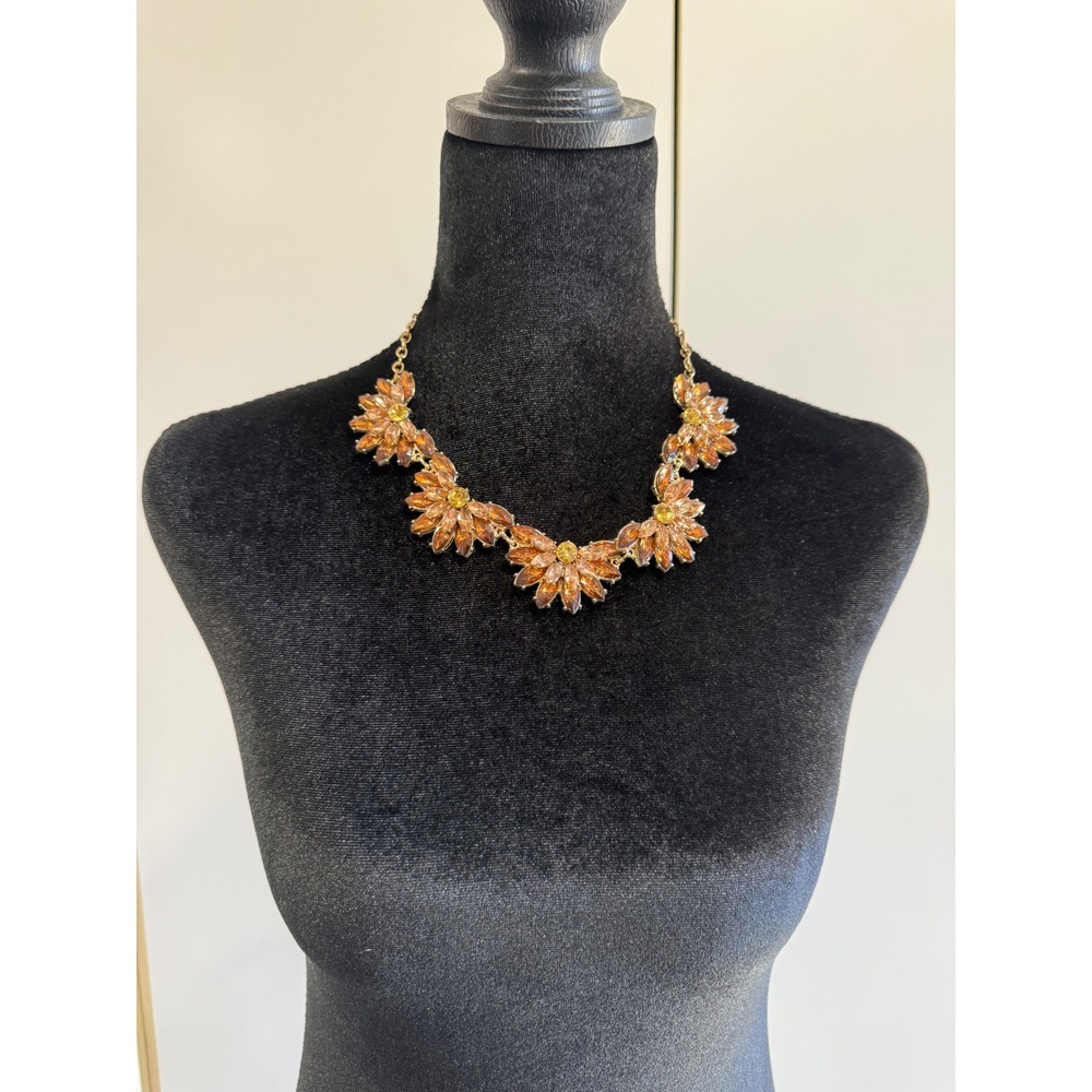 Amber Floral Statement Necklace Gold Tone Rhinestone Crystal Cluster Jewelry